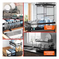 Organizador Negro 2 Niveles 42x30x32cm con Espacio para Platos, Vasos y Utensilios